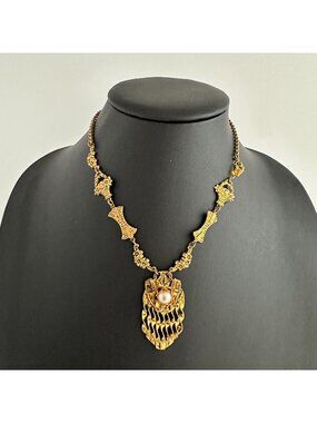 Art Deco Brass Lavalier Necklace Faux Pearl Flower Basket Links Hammered Pendant